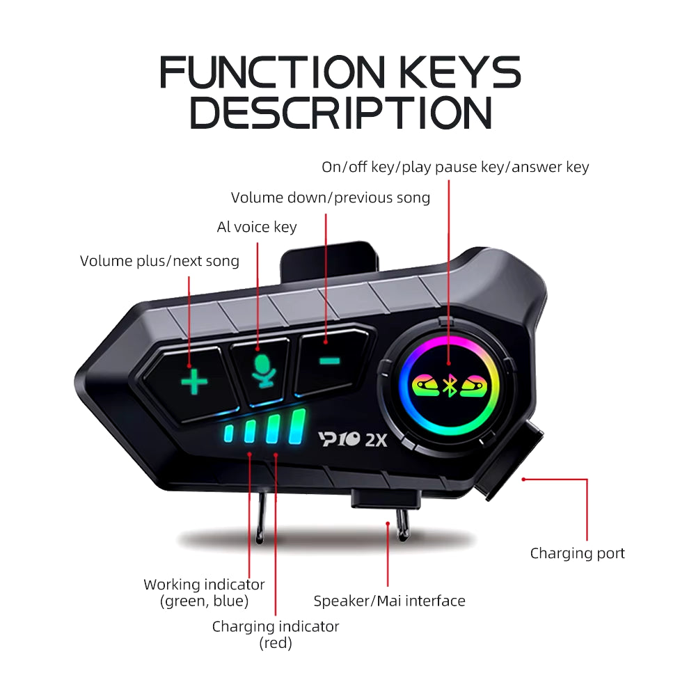 1/2X Intercomunicador con Bluetooth 5.3 para casco de motocicleta, impermeable, 300 m, altavoz