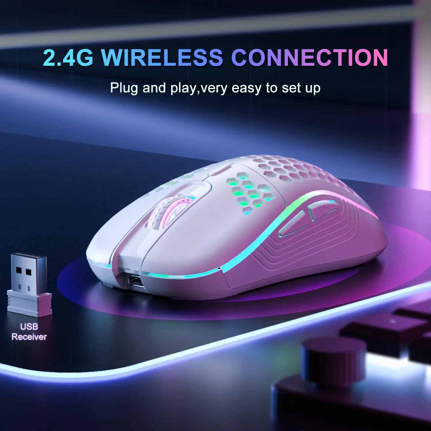 Ratón inalámbrico para juegos de 2,4 G con iluminación RGB, carga y DPI ajustable, diseño ergonómico de panal para computadora portátil de escritorio