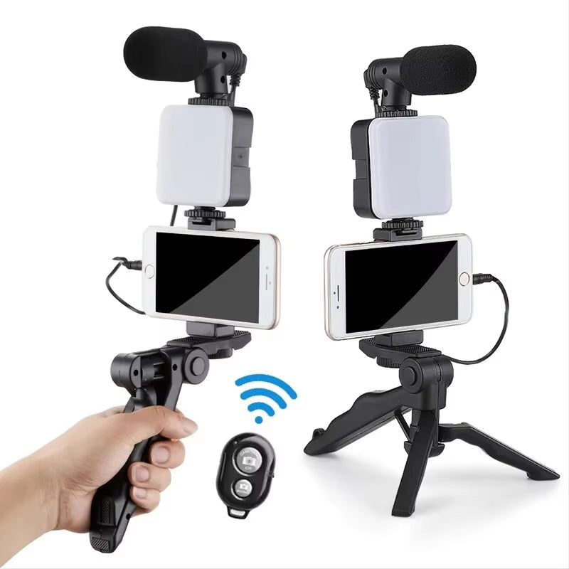 Kit de vlogueo para smartphone con trípode, soporte para teléfono, mini micrófono, luz de relleno LED, para transmisión en vivo de TikTok y YouTube