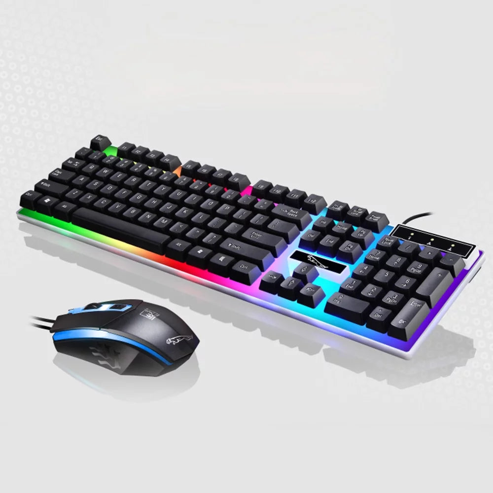 Combo de teclado y mouse para juegos, teclado con retroiluminación LED de arcoíris y 104 teclas para computadora de escritorio o portátil (negro)