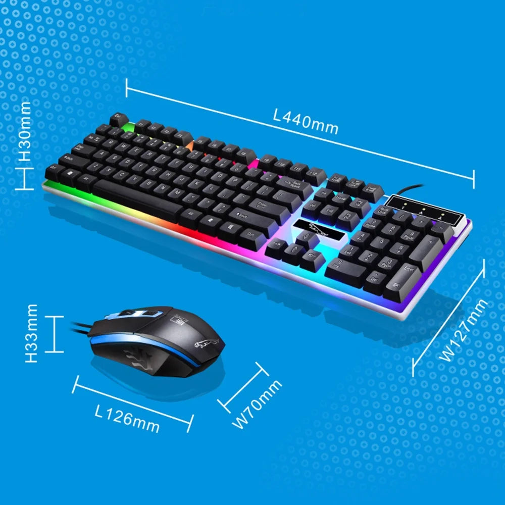 Combo de teclado y mouse para juegos, teclado con retroiluminación LED de arcoíris y 104 teclas para computadora de escritorio o portátil (negro)