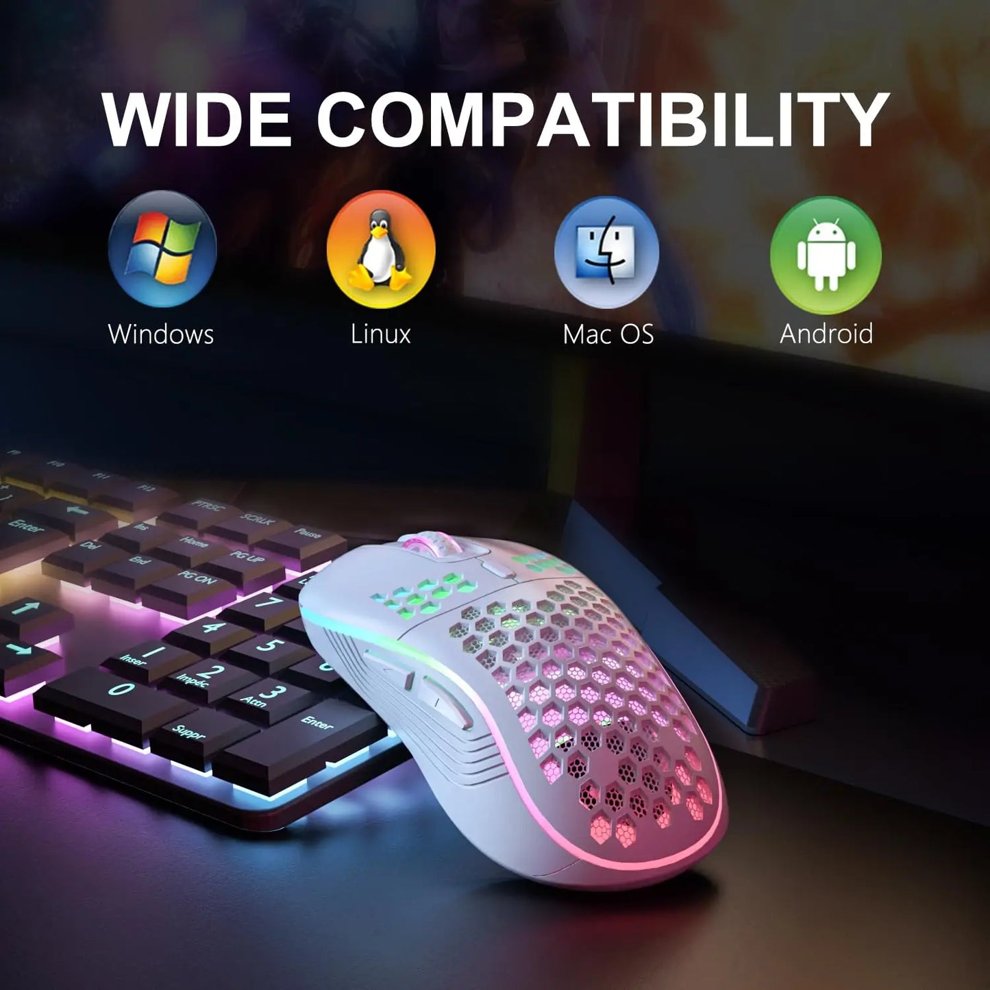 Ratón inalámbrico para juegos de 2,4 G con iluminación RGB, carga y DPI ajustable, diseño ergonómico de panal para computadora portátil de escritorio