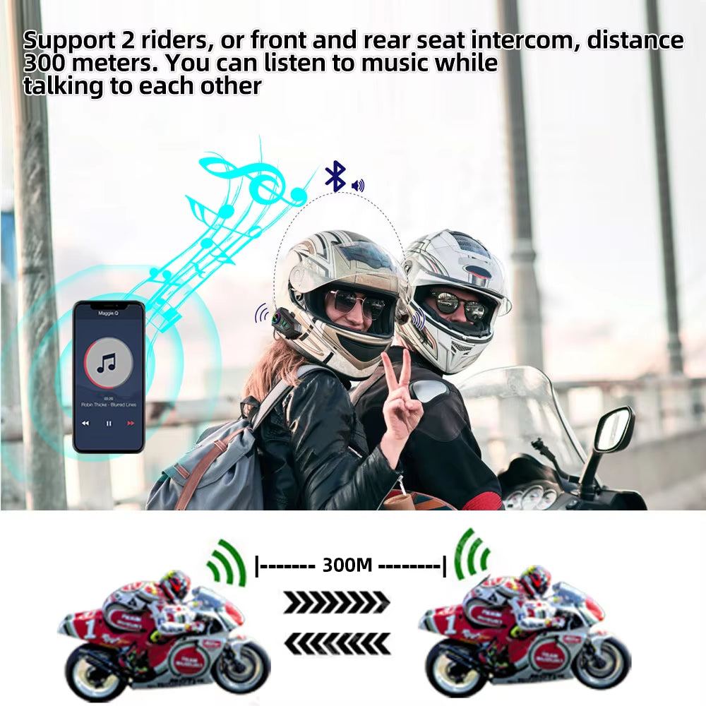 1/2X Intercomunicador con Bluetooth 5.3 para casco de motocicleta, impermeable, 300 m, altavoz