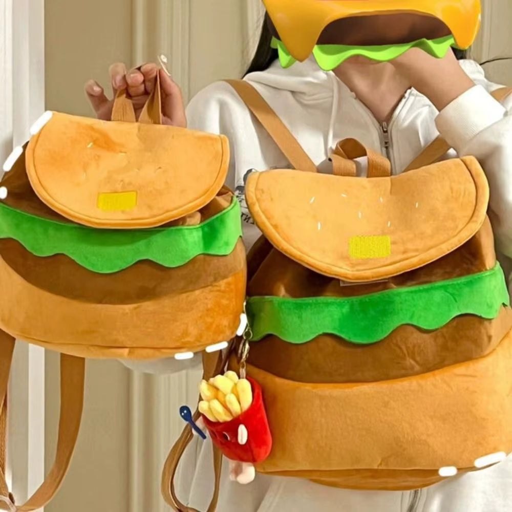 Bonita mochila de peluche con forma de hamburguesa, monedero de peluche con forma de hamburguesa de dibujos animados, mochila escolar para niñas y niños