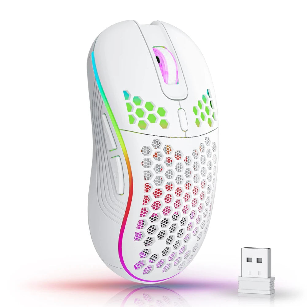 Ratón inalámbrico para juegos de 2,4 G con iluminación RGB, carga y DPI ajustable, diseño ergonómico de panal para computadora portátil de escritorio