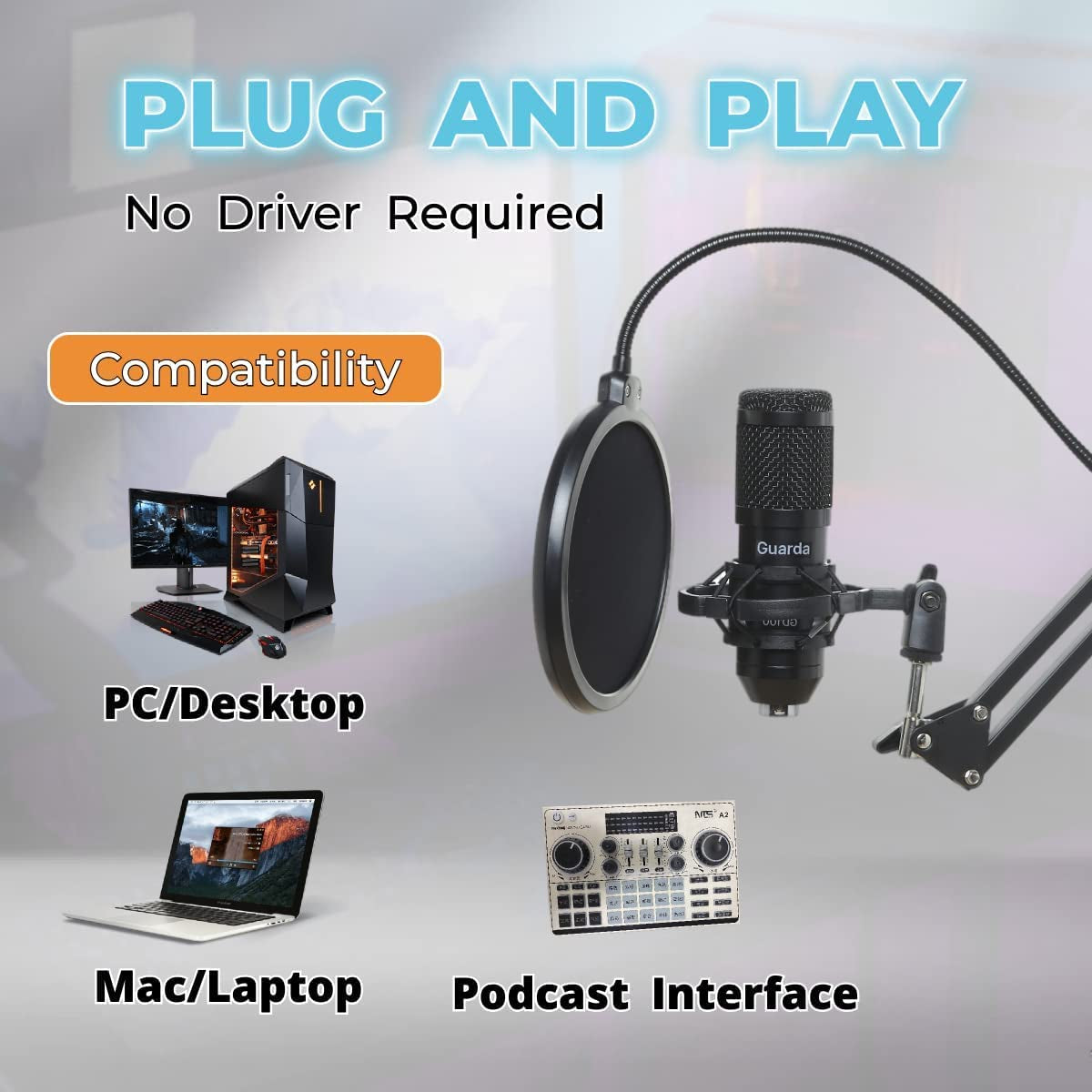 Micrófono de condensador USB para estudio, kit de micrófono para computadora con soporte de brazo de tijera ajustable, montaje antivibración, para grabación de computadora, podcasting, YouTube, karaoke, juegos, transmisión, enseñanza Guarda GD10