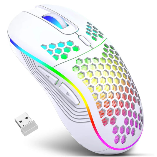 Ratón inalámbrico para juegos de 2,4 G con iluminación RGB, carga y DPI ajustable, diseño ergonómico de panal para computadora portátil de escritorio