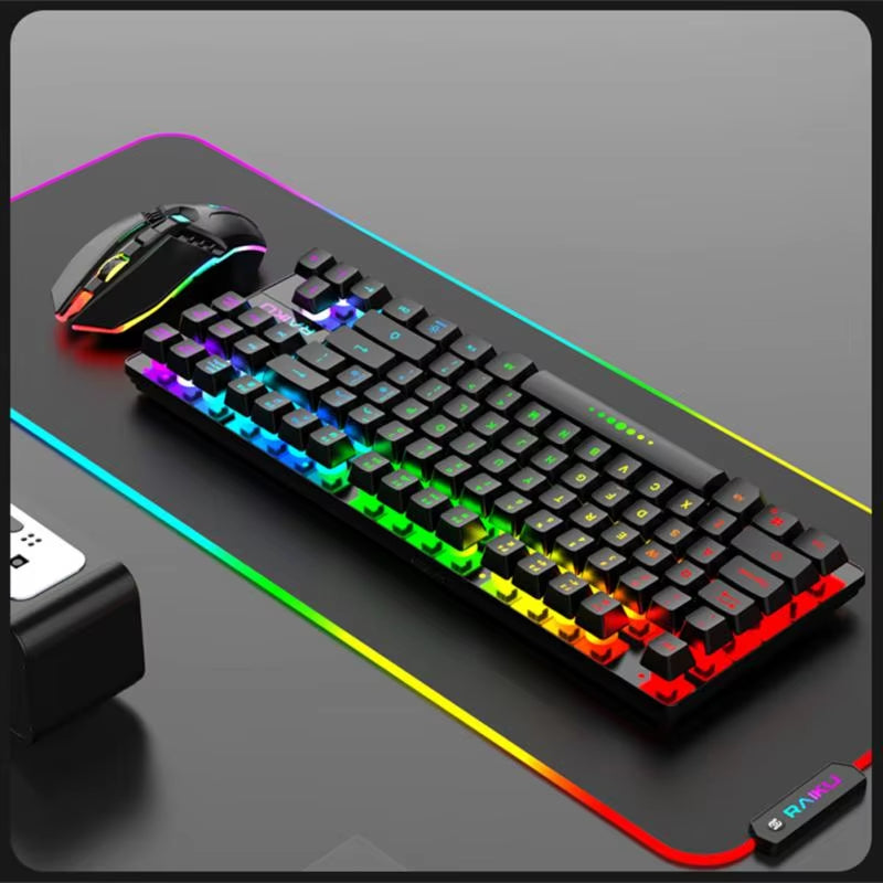 Juego de teclado y ratón inalámbricos para gamers de 2,4 G, teclado retroiluminado RGB para gamers, teclado de carga de 87 teclas para computadora y PC