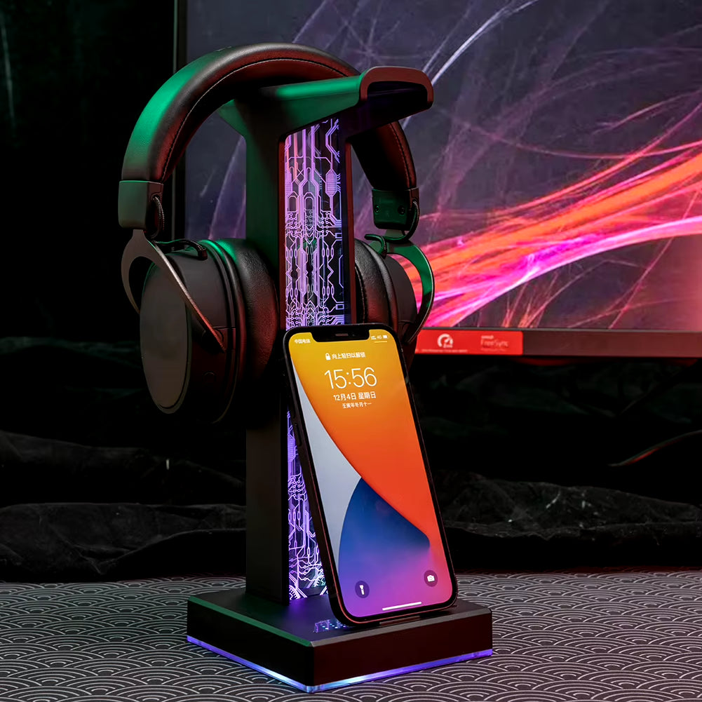 Soporte para auriculares con luces RGB, 10 modos de iluminación, puerto USB dual, tira de luz con control táctil para todos los auriculares, soporte para PC para juegos