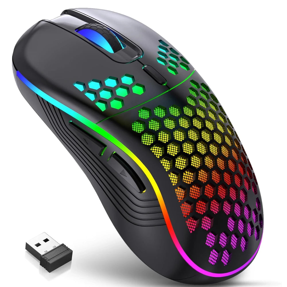 Ratón inalámbrico para juegos de 2,4 G con iluminación RGB, carga y DPI ajustable, diseño ergonómico de panal para computadora portátil de escritorio