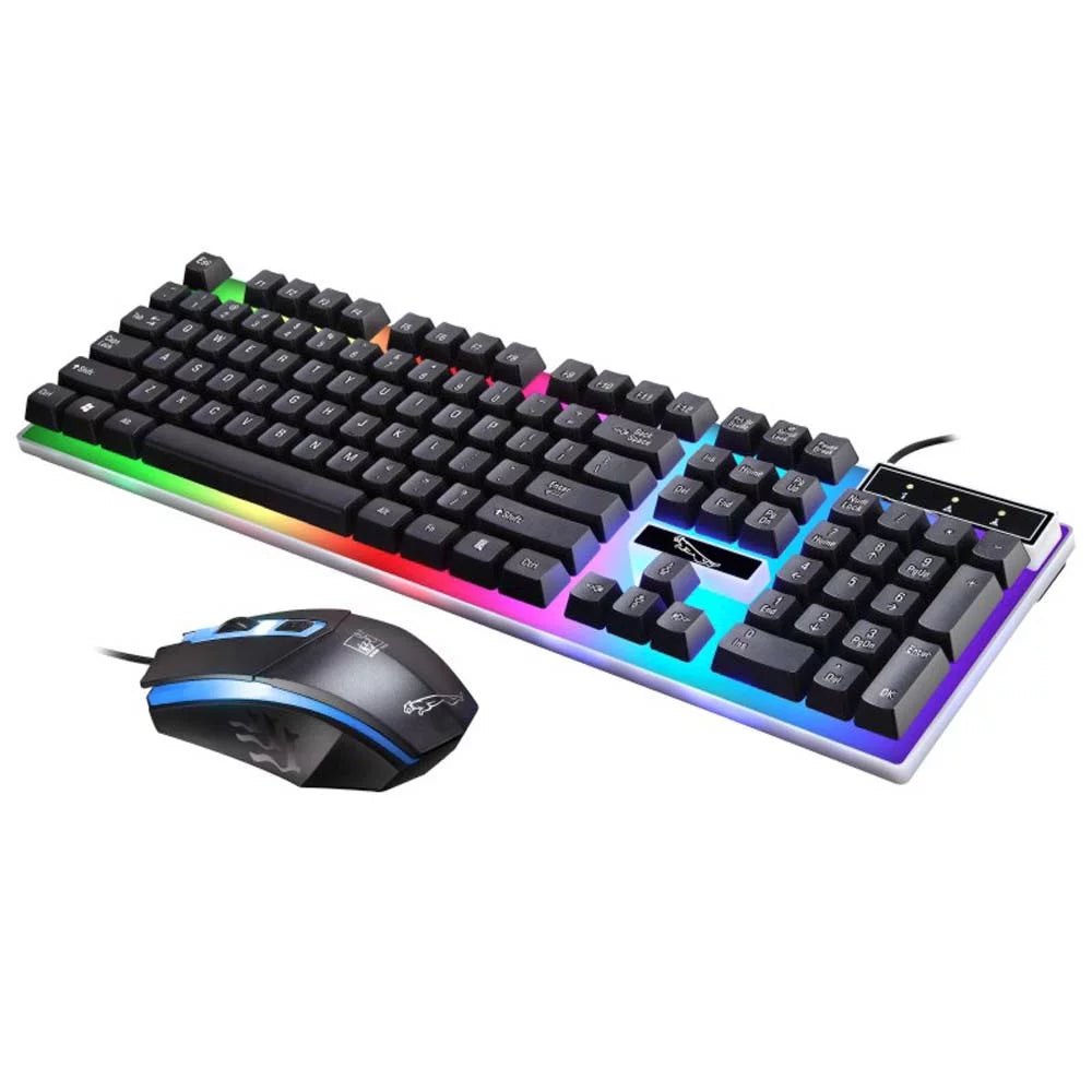 Combo de teclado y mouse para juegos, teclado con retroiluminación LED de arcoíris y 104 teclas para computadora de escritorio o portátil (negro)