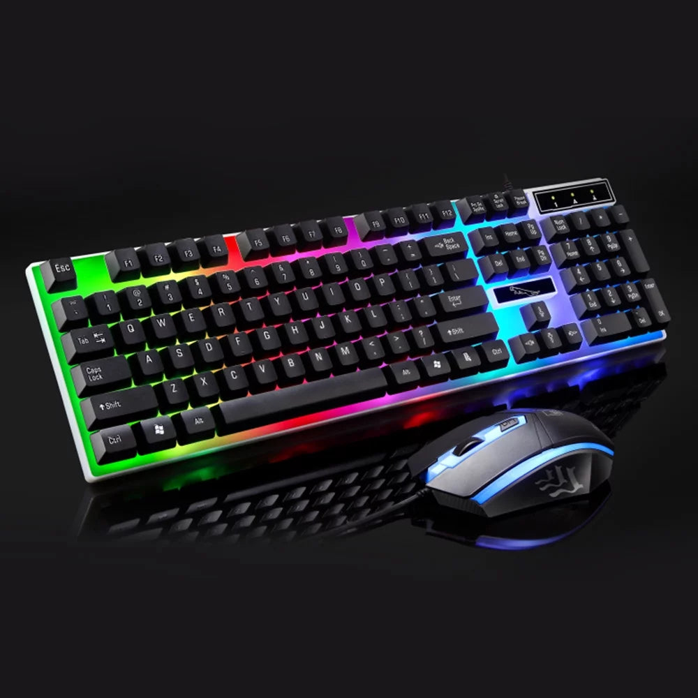 Combo de teclado y mouse para juegos, teclado con retroiluminación LED de arcoíris y 104 teclas para computadora de escritorio o portátil (negro)