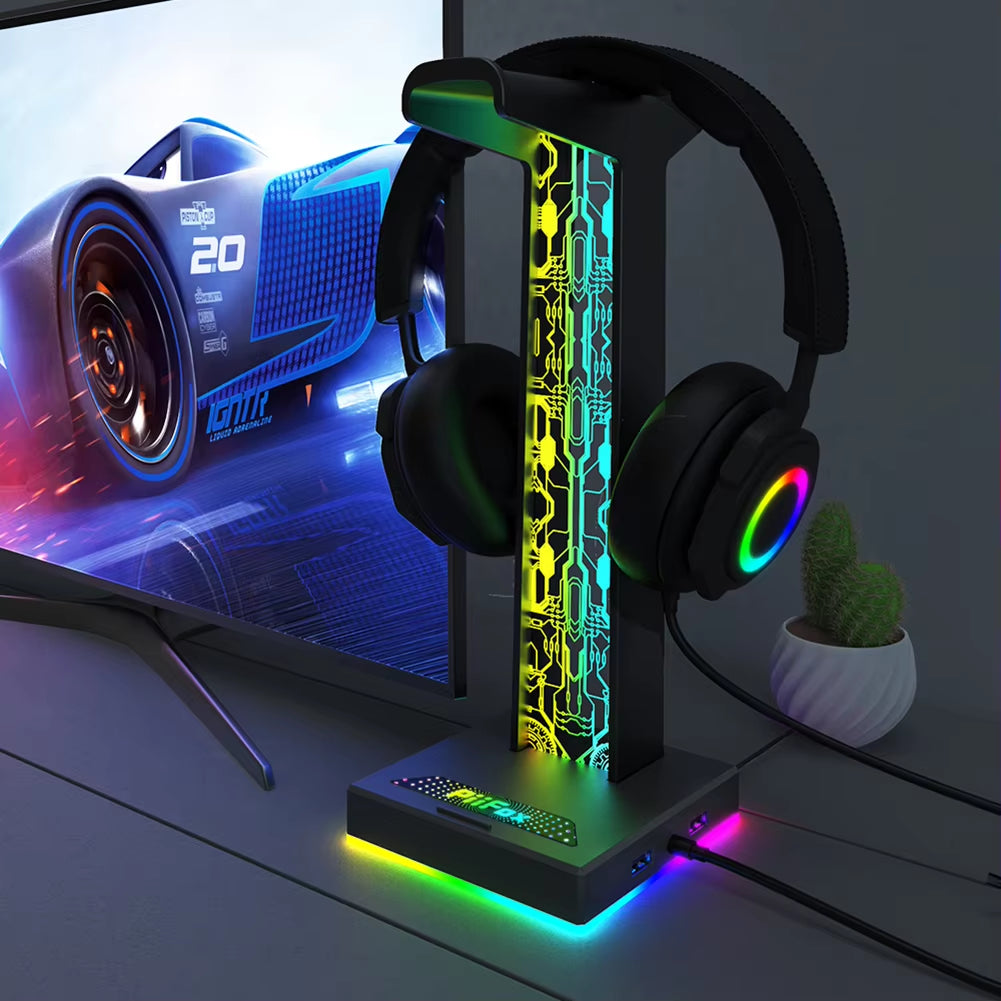 Soporte para auriculares con luces RGB, 10 modos de iluminación, puerto USB dual, tira de luz con control táctil para todos los auriculares, soporte para PC para juegos