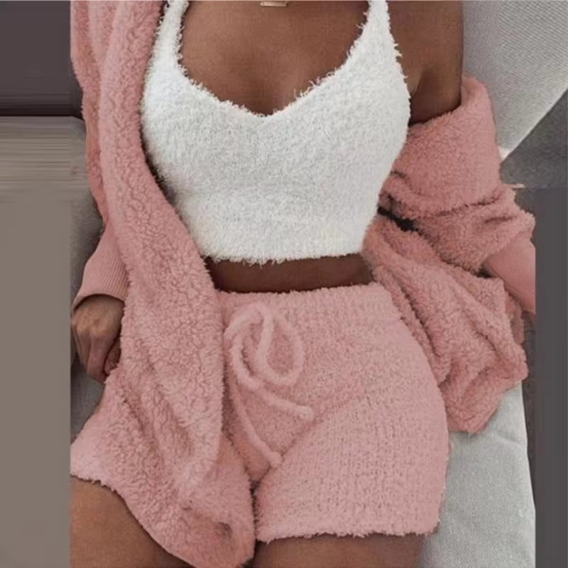 Conjunto de pijama mullido para mujer, ropa de dormir informal, camiseta sin mangas y pantalones cortos, sudadera con capucha de talla grande, traje de ocio, pijama de invierno de 3 piezas