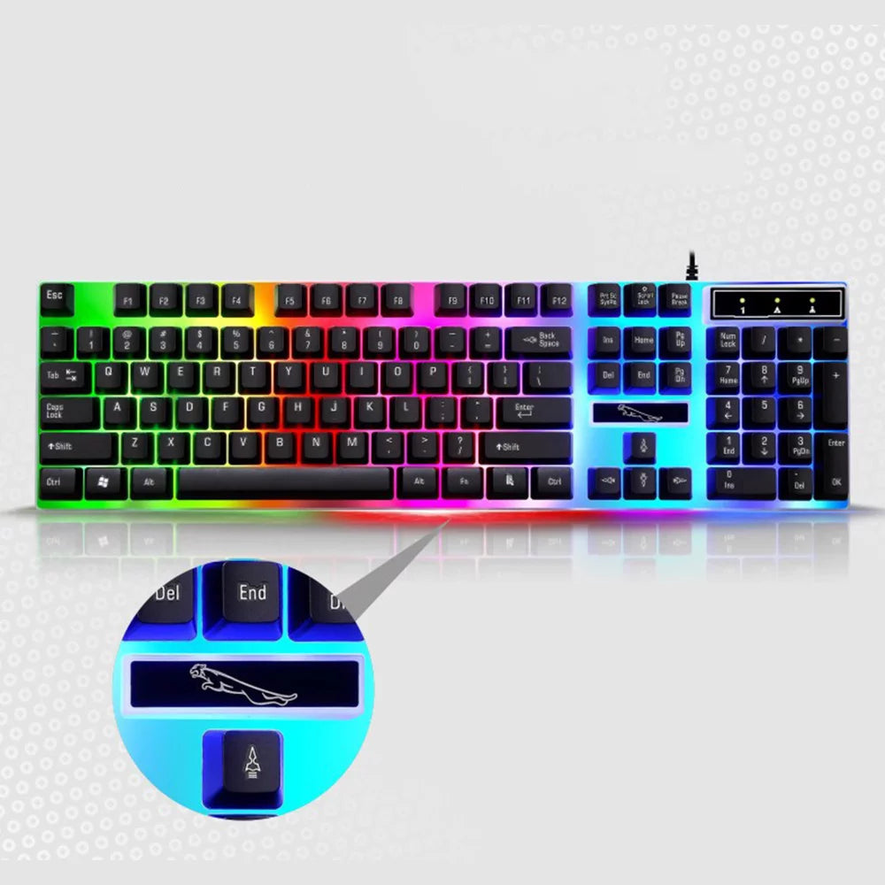 Combo de teclado y mouse para juegos, teclado con retroiluminación LED de arcoíris y 104 teclas para computadora de escritorio o portátil (negro)