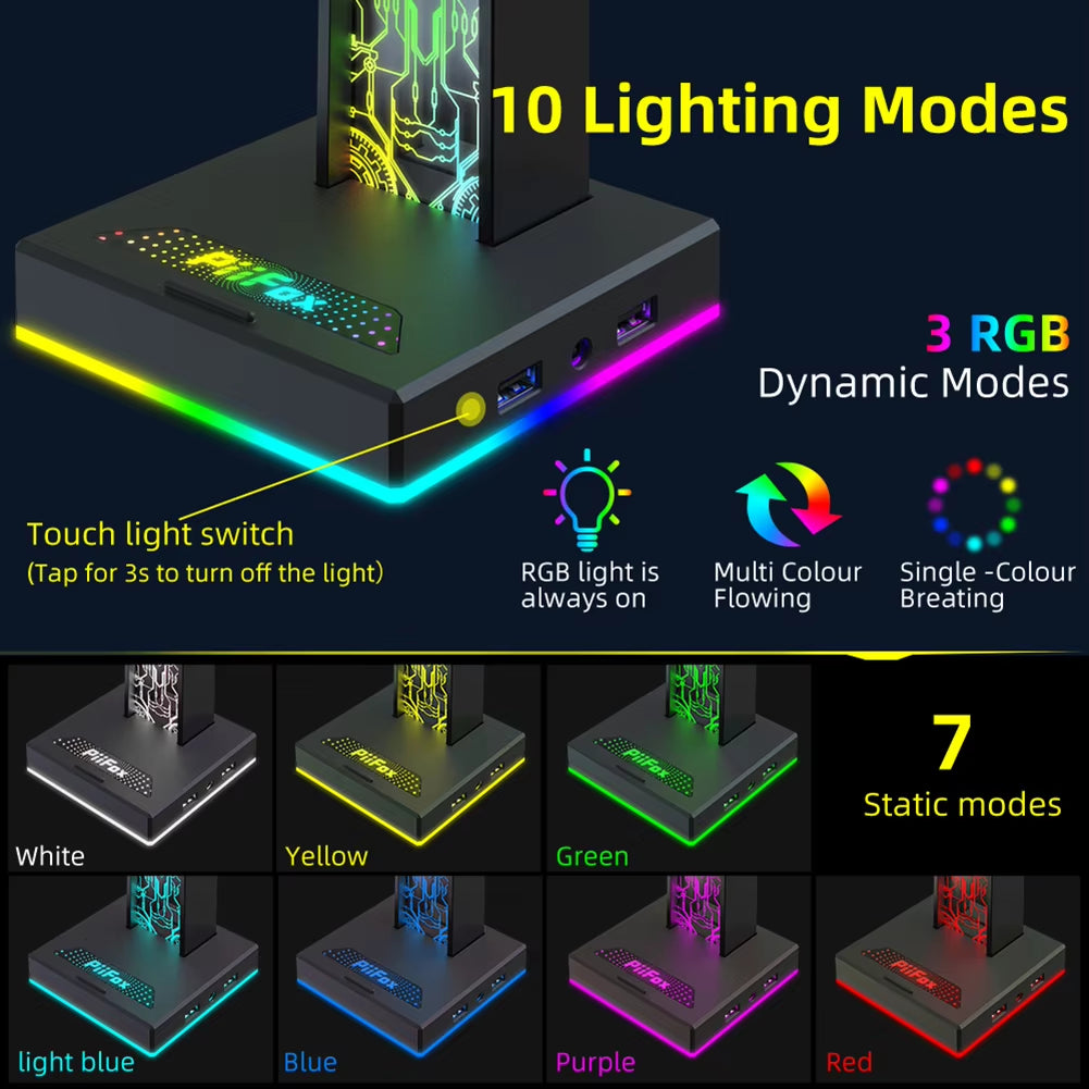 Soporte para auriculares con luces RGB, 10 modos de iluminación, puerto USB dual, tira de luz con control táctil para todos los auriculares, soporte para PC para juegos