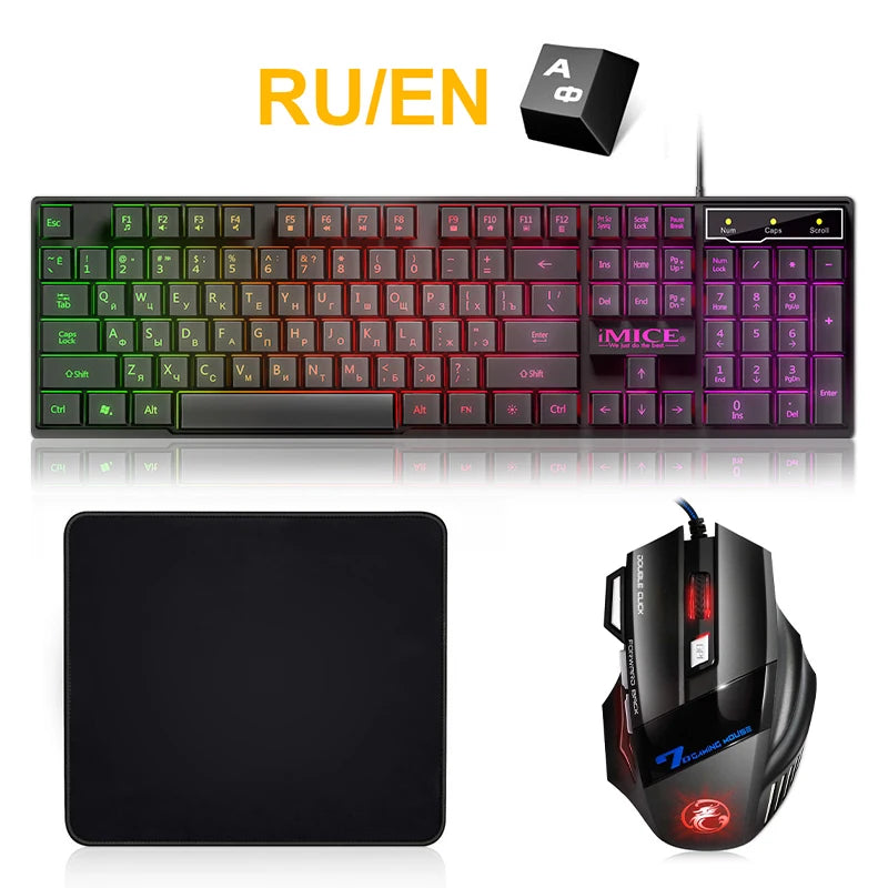 Teclado y ratón para juegos para ordenador, teclado para juegos RGB, kit para juegos con retroiluminación para ordenador portátil, 104 teclas, teclado USB con cable ruso