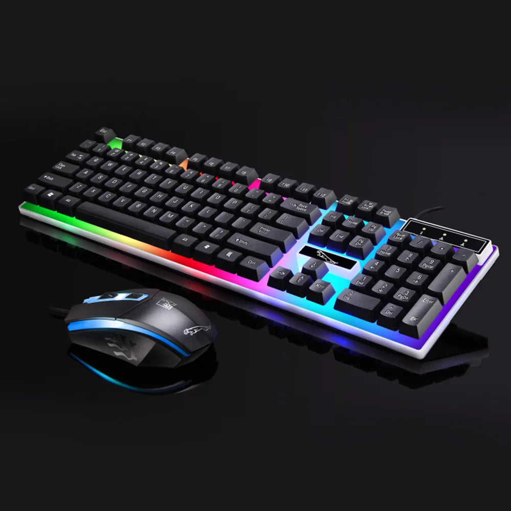 Combo de teclado y mouse para juegos, teclado con retroiluminación LED de arcoíris y 104 teclas para computadora de escritorio o portátil (negro)