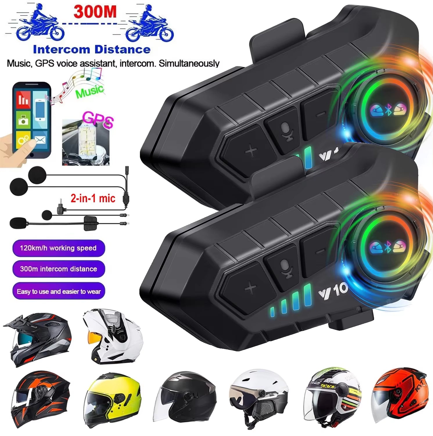 1/2X Intercomunicador con Bluetooth 5.3 para casco de motocicleta, impermeable, 300 m, altavoz