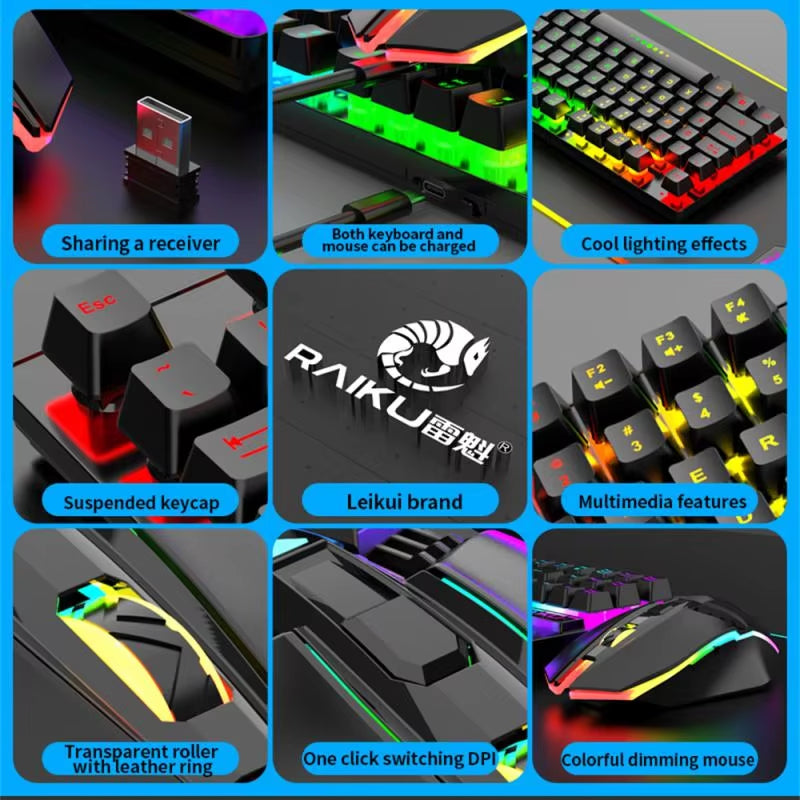 Juego de teclado y ratón inalámbricos para gamers de 2,4 G, teclado retroiluminado RGB para gamers, teclado de carga de 87 teclas para computadora y PC