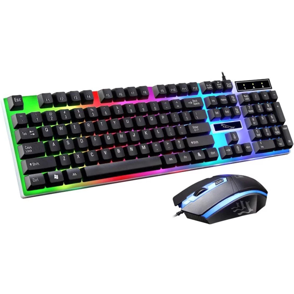 Combo de teclado y mouse para juegos, teclado con retroiluminación LED de arcoíris y 104 teclas para computadora de escritorio o portátil (negro)