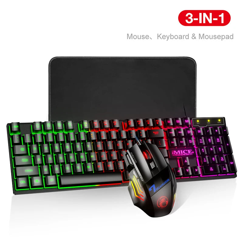 Teclado y ratón para juegos para ordenador, teclado para juegos RGB, kit para juegos con retroiluminación para ordenador portátil, 104 teclas, teclado USB con cable ruso