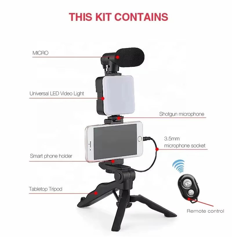 Kit de vlogueo para smartphone con trípode, soporte para teléfono, mini micrófono, luz de relleno LED, para transmisión en vivo de TikTok y YouTube