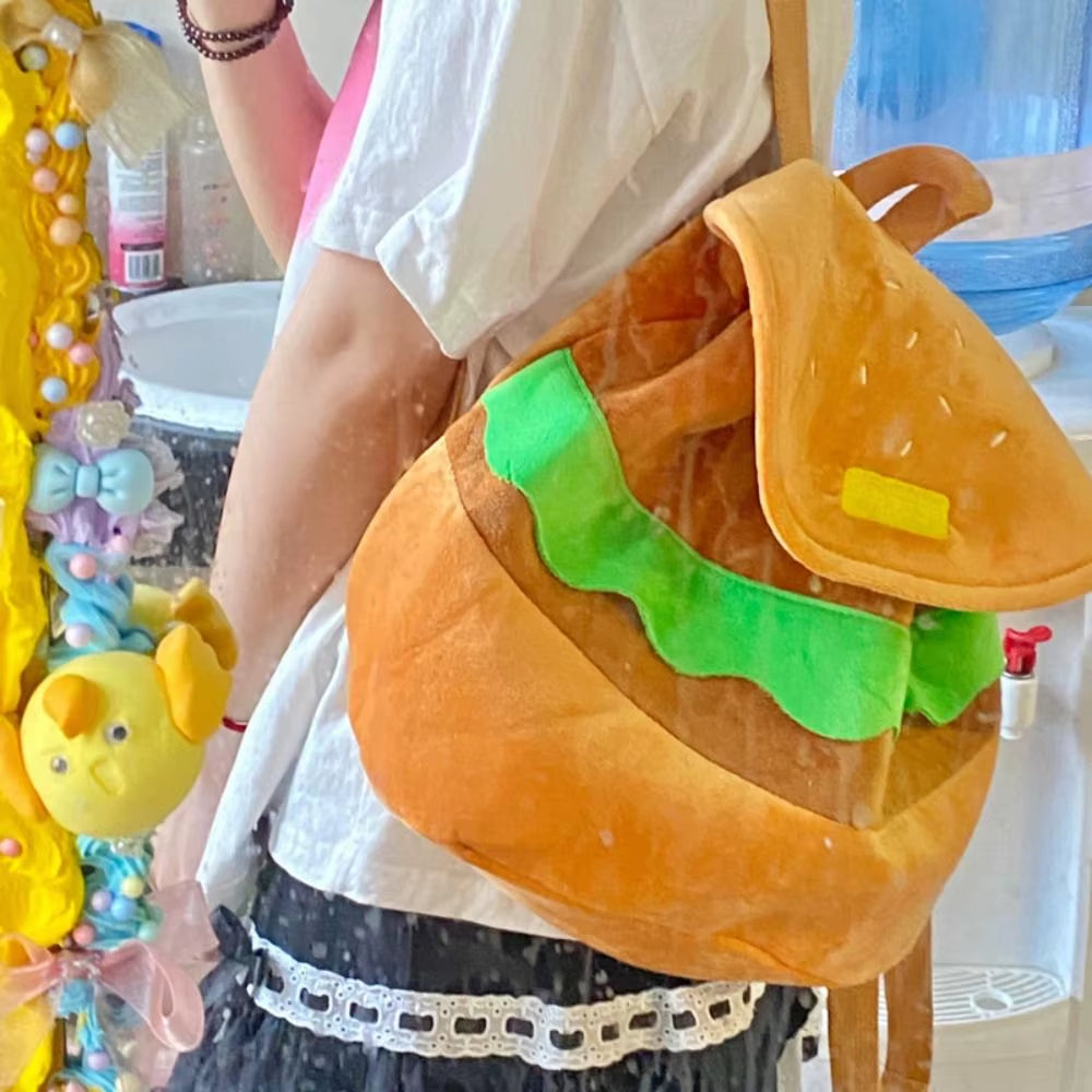 Bonita mochila de peluche con forma de hamburguesa, monedero de peluche con forma de hamburguesa de dibujos animados, mochila escolar para niñas y niños