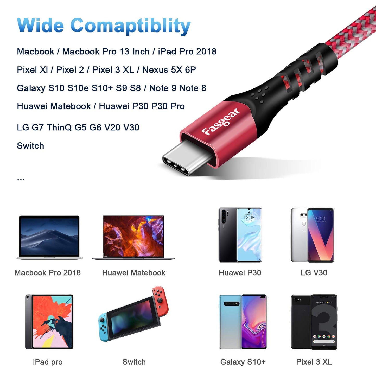 Cable USB C a USB C de 1,6 pies, carga rápida de 100 W, cable USB 3.1 Gen 2 tipo C de 10 Gbps, suministro de energía de 5 A con chip E-Marker compatible con MacBook, Matembook, iPad Air, Galaxy S21, SSD, Pixel 5/4/Xl, rojo