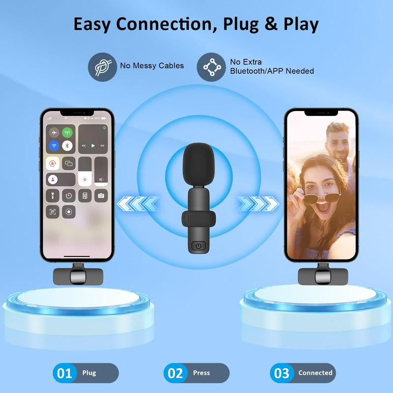 Paquete de 2 mini micrófonos inalámbricos profesionales para iPhone, iPad, iPhone 15, dispositivos iOS y Android, micrófono profesional para grabación de video, vlogs, transmisión en vivo