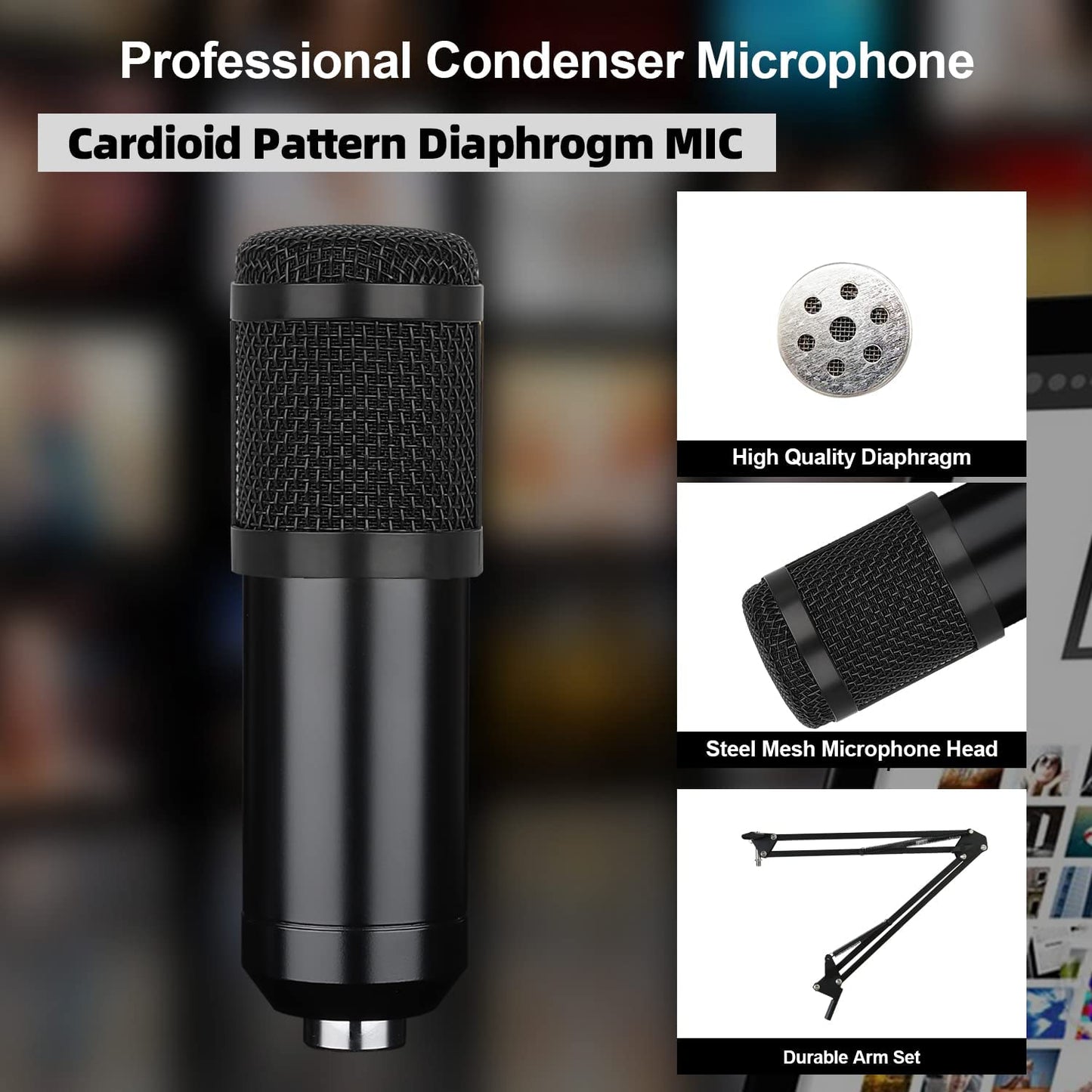 Micrófono de condensador USB para estudio, kit de micrófono para computadora con soporte de brazo de tijera ajustable, montaje antivibración, para grabación de computadora, podcasting, YouTube, karaoke, juegos, transmisión, enseñanza Guarda GD10