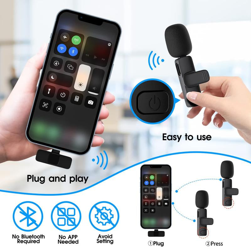 Paquete de 2 mini micrófonos inalámbricos profesionales para iPhone, iPad, iPhone 15, dispositivos iOS y Android, micrófono profesional para grabación de video, vlogs, transmisión en vivo