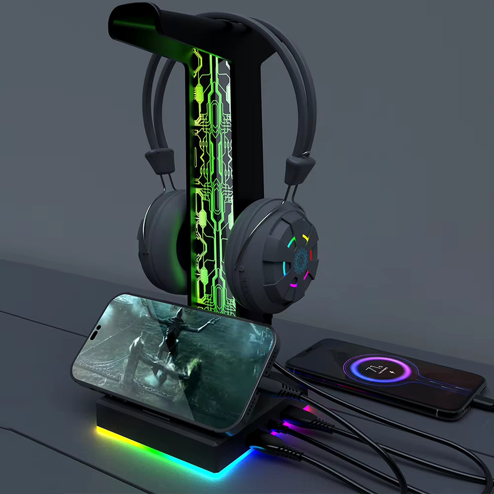 Soporte para auriculares con luces RGB, 10 modos de iluminación, puerto USB dual, tira de luz con control táctil para todos los auriculares, soporte para PC para juegos