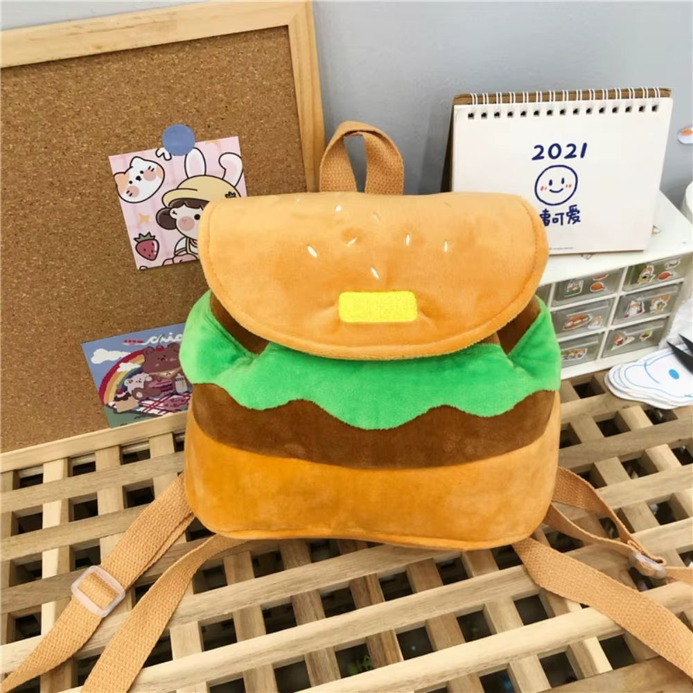 Bonita mochila de peluche con forma de hamburguesa, monedero de peluche con forma de hamburguesa de dibujos animados, mochila escolar para niñas y niños